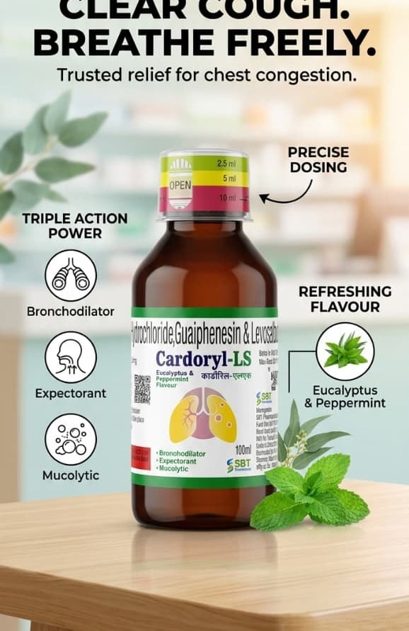 Cardoryl-LS Syrup bottle by SBT Pharmaceuticals for cough and chest congestion