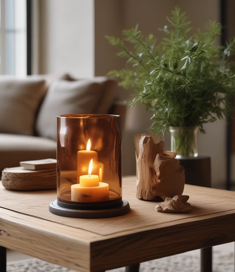 A flatlay of two round candles, one white and one dark orange, each with a face in relief on their surface. They rest on brown paper sprinkled with tiny glitter specks. Below the candles is a red and white mitten ornament with a small string attached.
