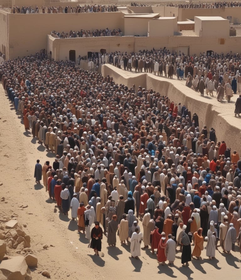 a large group of people standing in a desert