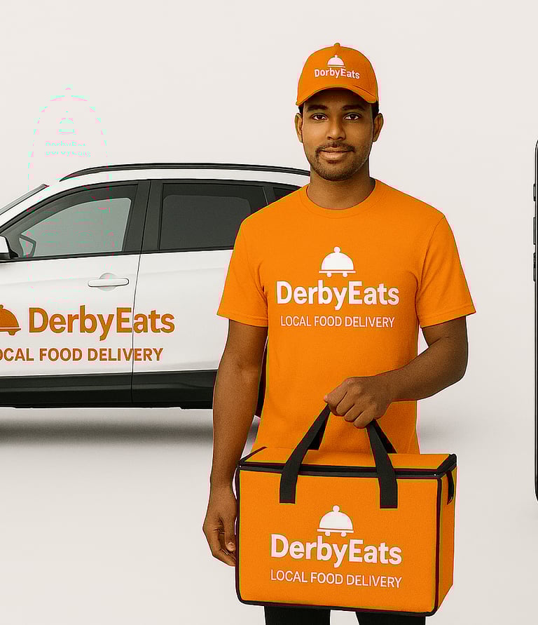 DerbyEats driver out of their car, with a delivery bag.