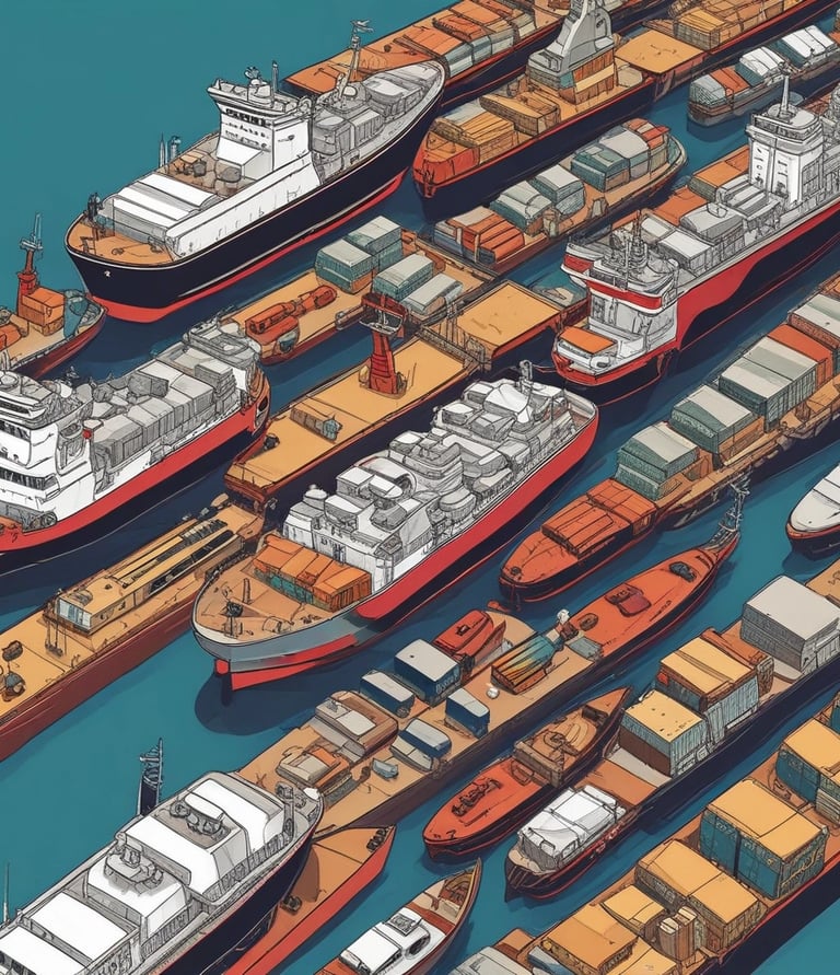A large cargo ship is docked at a busy port, surrounded by multiple towering cranes painted in blue and orange. Shipping containers are stacked on the vessel, indicating active trade and commerce activity. The background features a partly cloudy sky and a wind turbine, suggesting sustainable energy use.