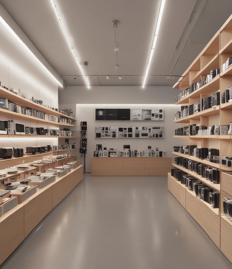 A collection of electronic gadgets arranged on a wooden surface, including a black virtual reality headset, a smart speaker in white and gray, black earbuds with a cable, and a black smartwatch.