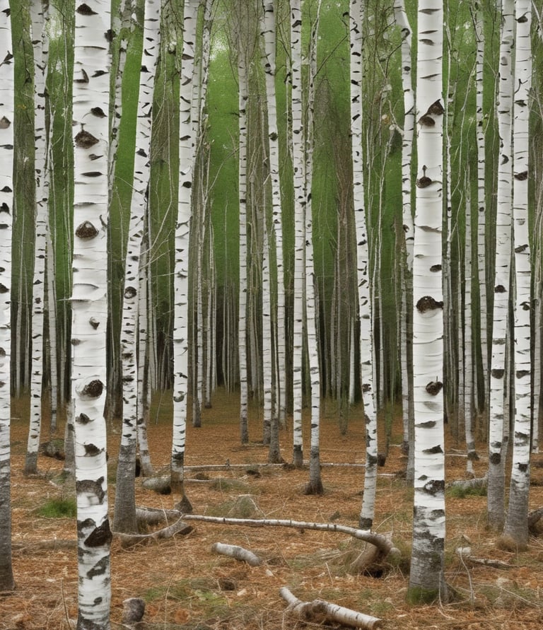 A forest landscape where numerous tree stumps and cut logs are scattered across the foreground, indicating recent deforestation. The background shows a sparse line of trees under a clear sky, with a noticeable reduction in tree density.