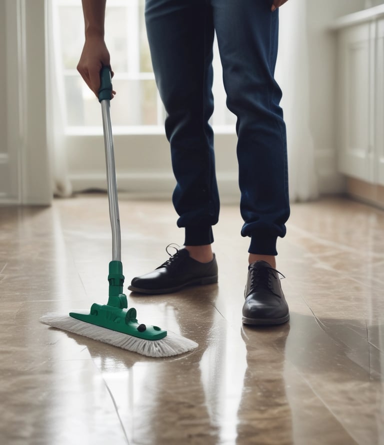 A person wearing protective clothing, a face mask, and gloves is cleaning a white cushioned furniture piece using a vacuum cleaner. The setting appears to be indoors with bright natural light streaming in through large windows. A green potted plant is placed next to a white sofa, adding a touch of nature to the clean and tidy environment.