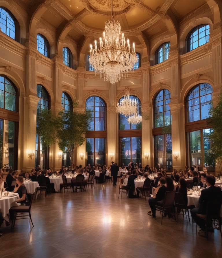 Luxurious cultural salon with refined furniture and warm lighting, designed for intimate gatherings.