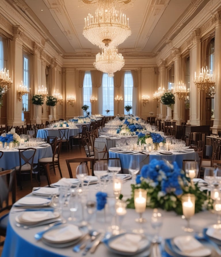 Elegant event hall with deep blue and gold decor, featuring classic architectural details and ambient lighting.