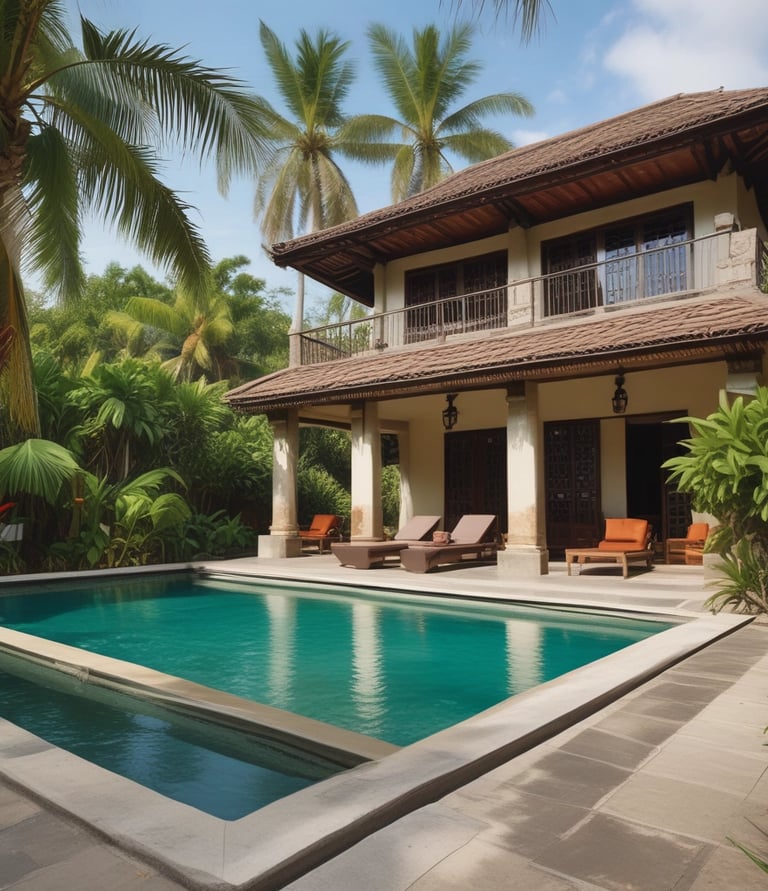 Aerial view of luxury beachfront villas surrounded by lush greenery and palm trees. The villas have unique thatched roofing and private circular pools. The sandy beach and ocean are visible on the left side.