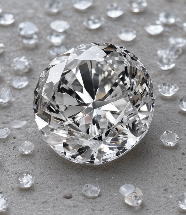 A woman with a gentle smile gazes intently at a large diamond placed on a table. The scene is captured in black and white, highlighting the contrast between the dark backdrop and the sparkling facets of the diamond.
