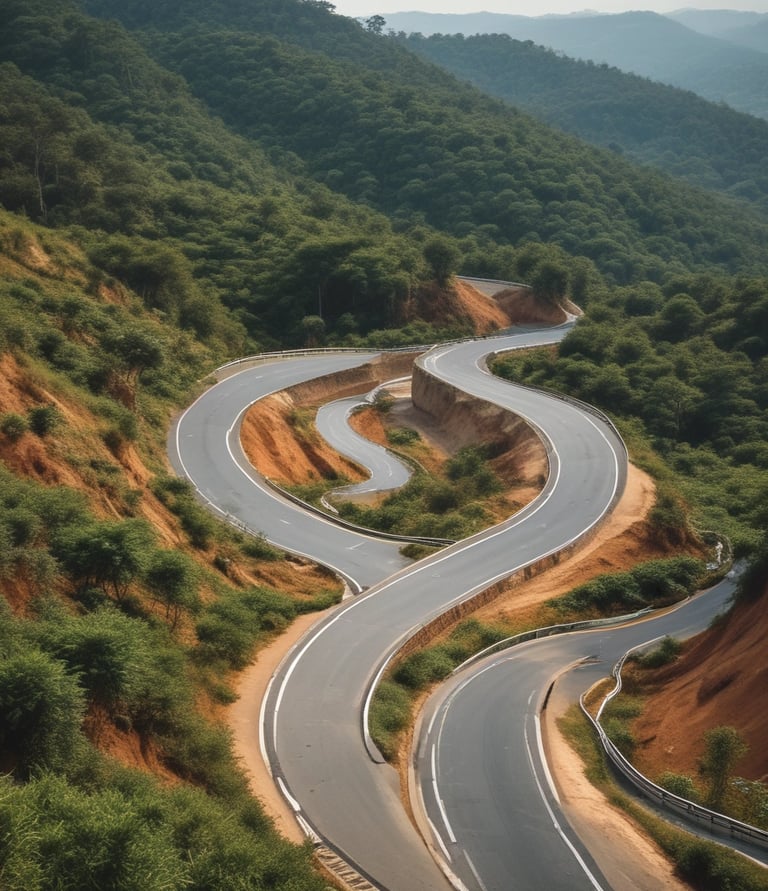 A group of motorcyclists riding along a scenic mountain road with lush greenery surrounding them.