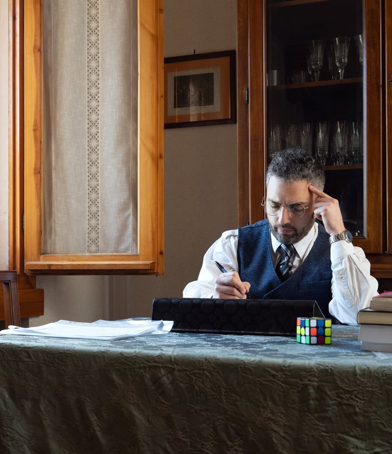 A professional consultation sitting at a desk writing a blog.