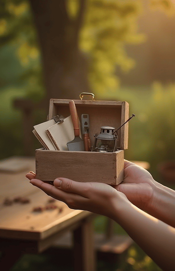 Wooden box containing work tools being hand-delivered to the Servers