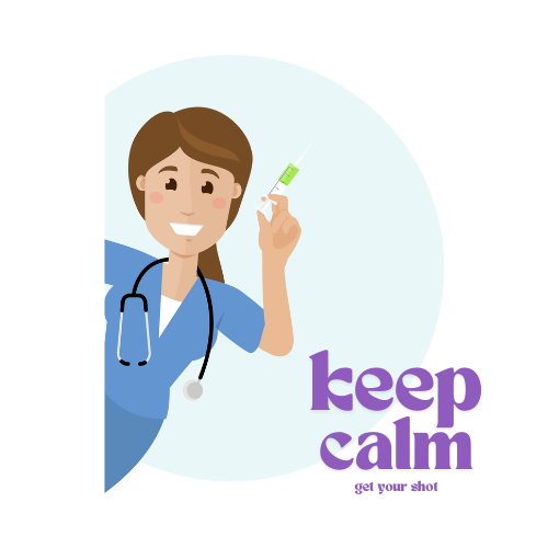 A lady nurse leaning out holding a syringe, with the words keep calm get your shot
