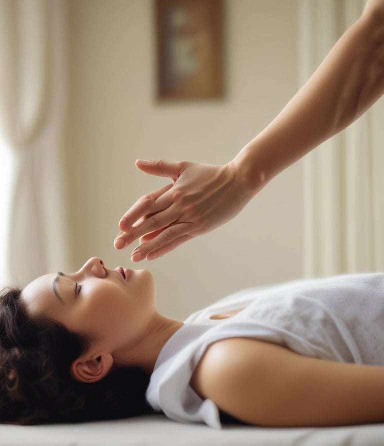 A person is lying face down with smooth black stones placed along their spine. Another person's hands are arranging the stones. Orchid flowers are present, adding a serene and natural touch to the scene. The setting suggests a spa or massage environment focused on relaxation.