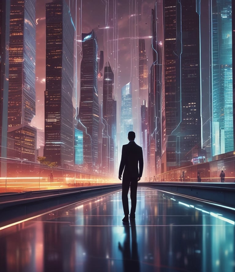 A metallic robotic hand and a human hand point towards each other at the center. Between them, there is a stylized, crystal-like representation of the letters 'AI'. The background is a gradient of orange shades.