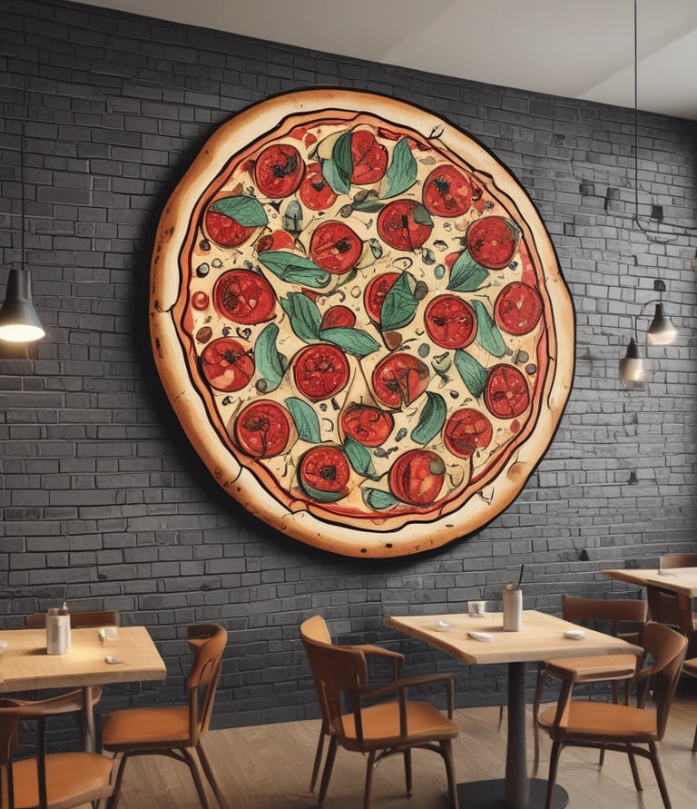 A green wall with a menu list featuring Italian food items such as pasta, pizza, risotto, lasagne, soups, gelato, tiramisu, panna cotta, and coffee. Three black pendant lights hang from the ceiling, casting a warm glow over the area. There is also a glimpse of some greenery in the form of palm leaves.