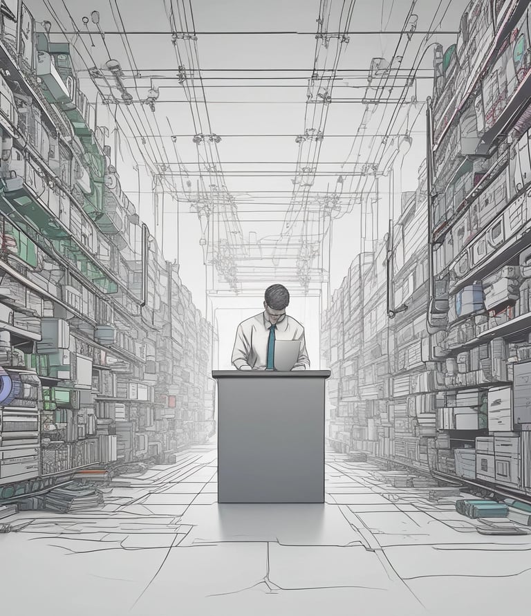 A modern workspace featuring professionals collaborating over technology and innovative projects.