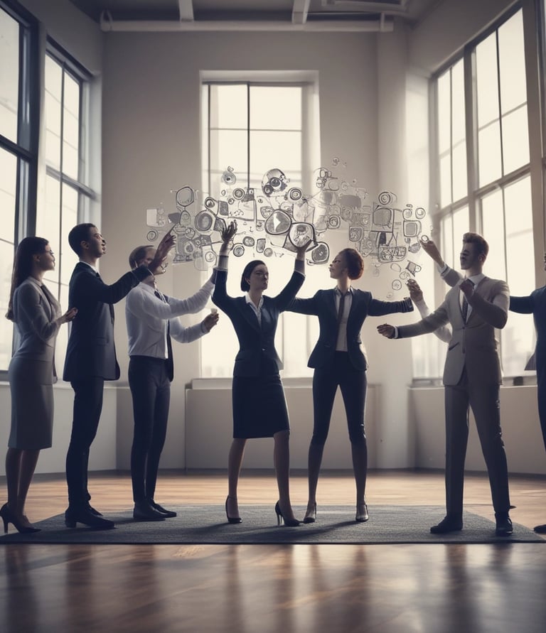 A diverse team of professionals collaborating around a laptop in a modern office space.