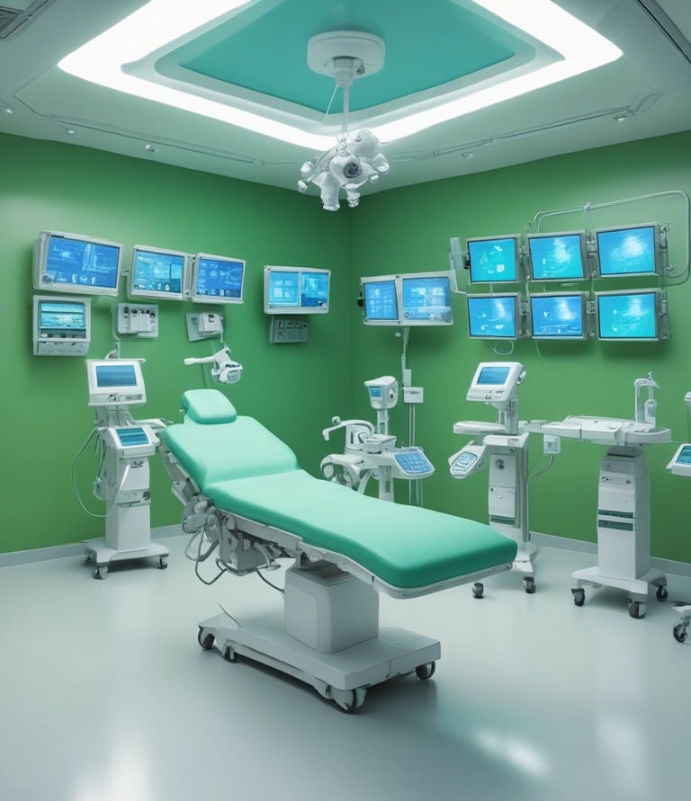 Medical equipment is neatly mounted on a white wall, including an otoscope, an ophthalmoscope, a sphygmomanometer, and a thermometer. The layout suggests a clinical setting likely intended for patient examination.