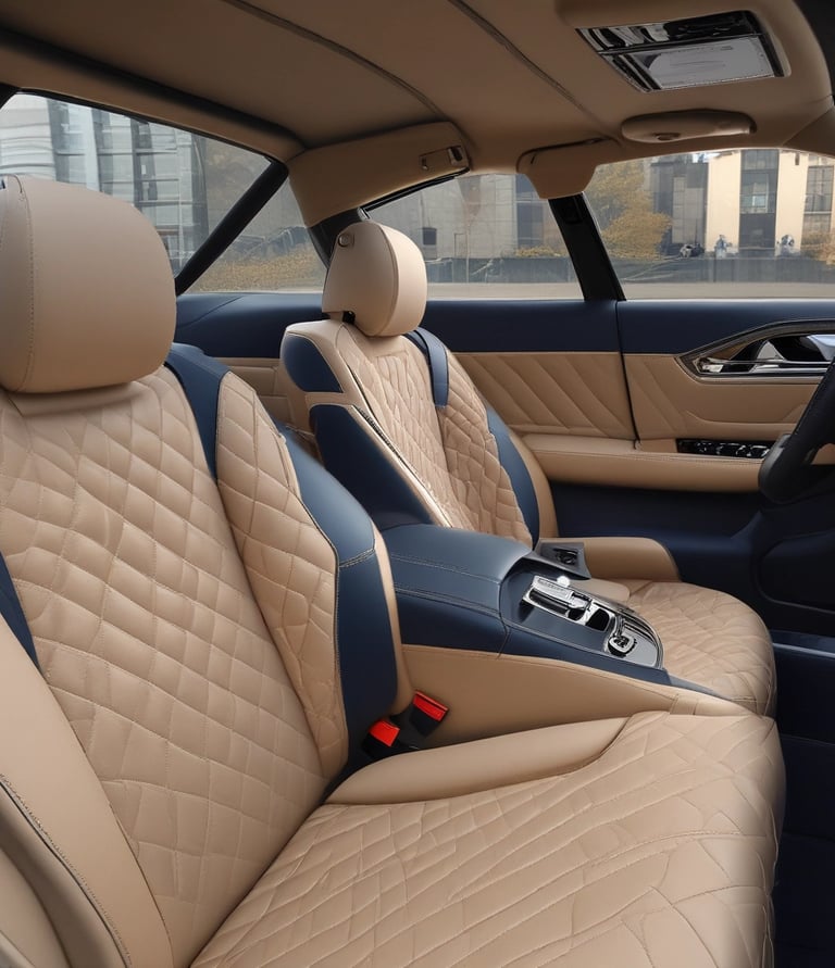 A sleek, modern car interior featuring a black leather seat with visible stitching. The minimalist design includes a smooth black seatback and headrest. Overhead, ambient lighting is installed in the ceiling, providing a subtle, elegant illumination. The background is slightly out of focus, suggesting a compact and cozy space.