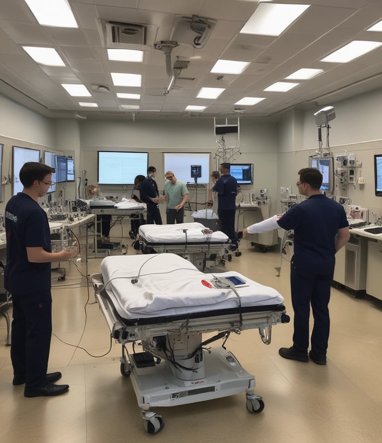 Several people in military uniforms are gathered closely together, possibly in a medical or field training environment. They appear to be engaged in a focused task, with one person writing and others observing or participating. A person’s feet can be seen in the foreground, suggesting medical attention.