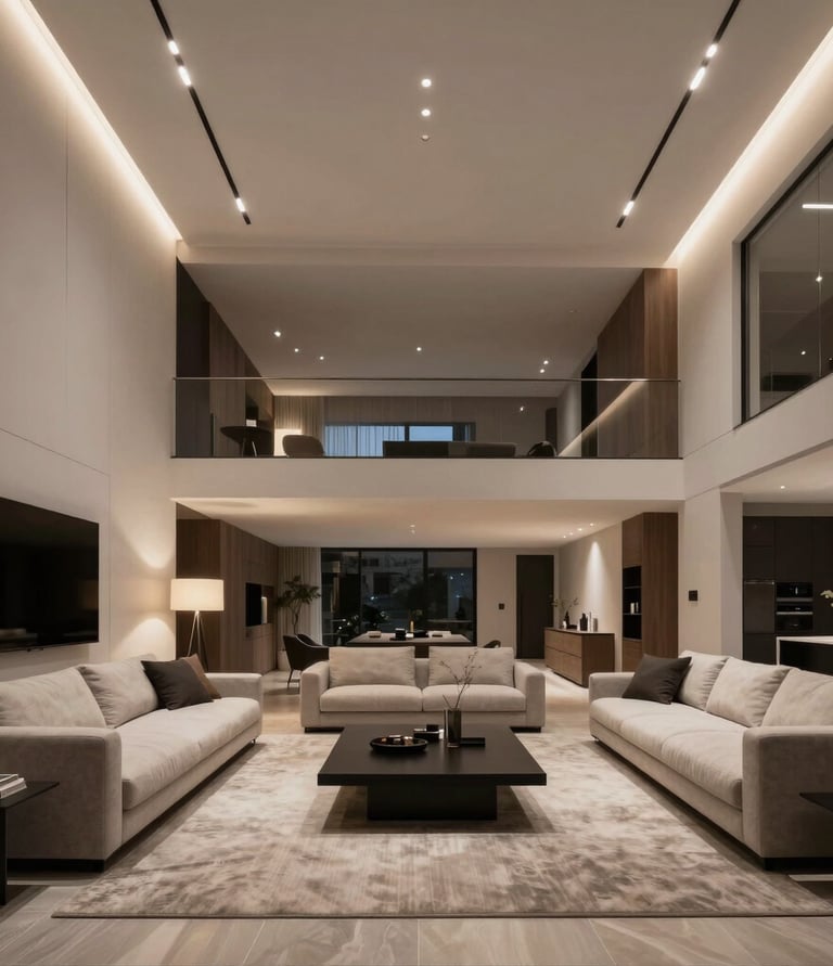 A warm and inviting modern living room interior showcasing natural wood and soft lighting.