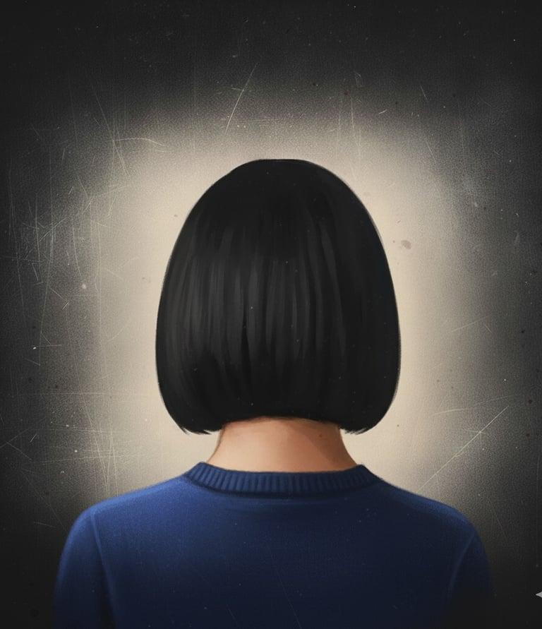 the back of a woman's head. She has dark bob hair cut, and is wearing a royal blue jumper.