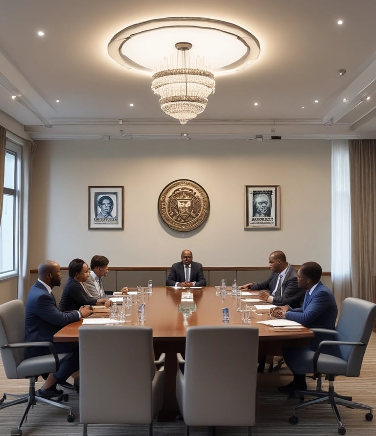 A professional meeting between UK and West African business leaders discussing trade corridor opportunities.