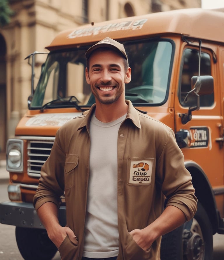A window display featuring the words 'Free Delivery' painted in bold, red and yellow script. The background is brown with some decorative black designs on the sides. There is a red frame around the window and cardboard packaging material at the bottom.