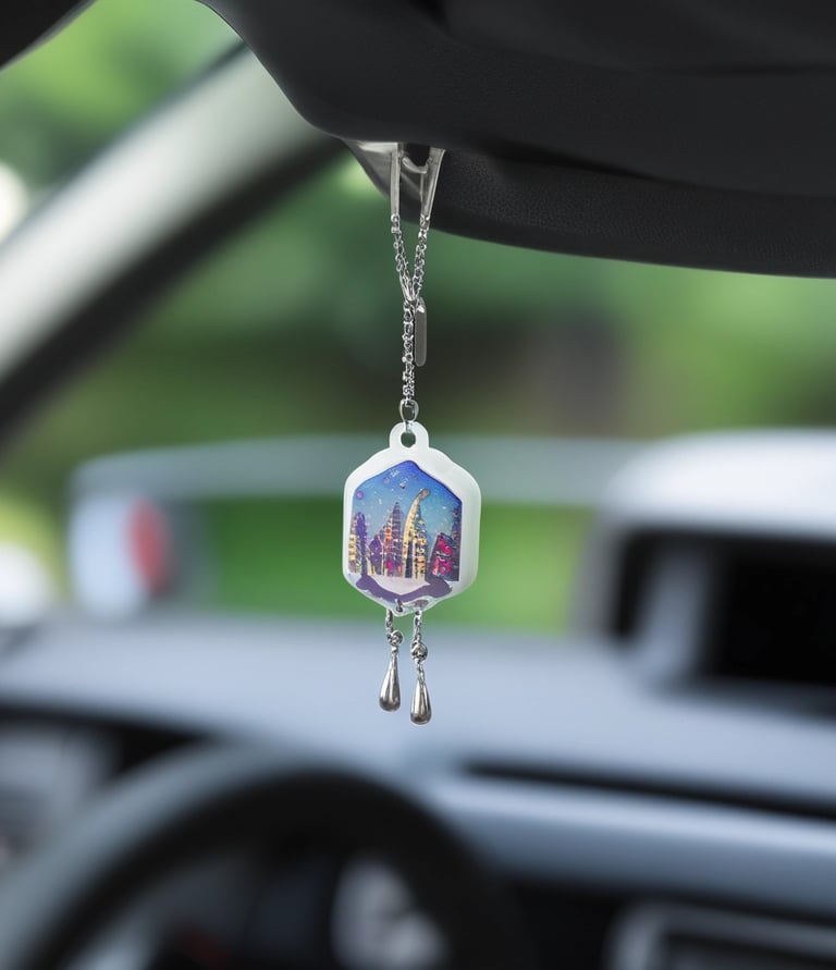 The interior of a car is visible through the windshield, featuring a wooden steering wheel and a diamond-patterned seat cover. A decorative air freshener with Japanese characters and an illustration is hanging from the rearview mirror. A striped bag is resting on the passenger seat. The reflection of people and a nearby outdoor environment can also be seen through the glass.