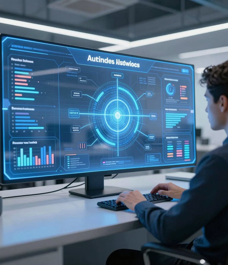 A large warehouse with high shelves stacked with boxes and packages. The shelves are metallic and color-coded in orange. The floor is wide and clear, allowing movement for forklifts or workers. The ceiling is high with industrial lighting.