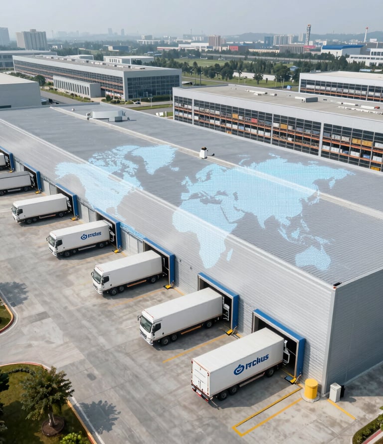 An aerial view of a large distribution center or warehouse with several loading docks and parked trucks. The area is organized with clear lines and parking spaces. The roof of the warehouse is visible, highlighting its industrial design. There are a few cars in the parking area, indicating activity but not congestion.
