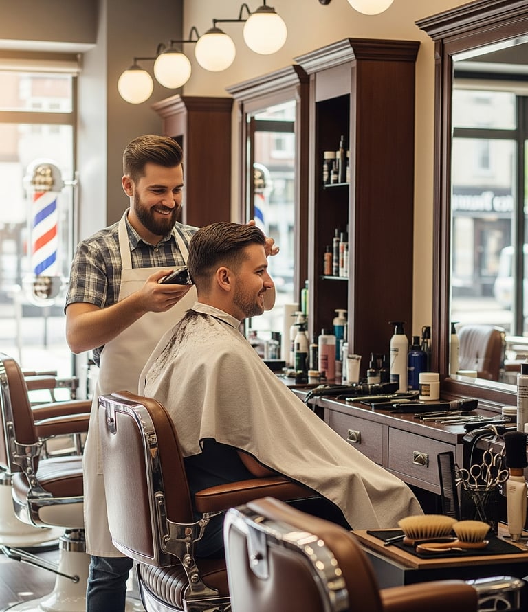 a man getting his hair cut by a barbershop