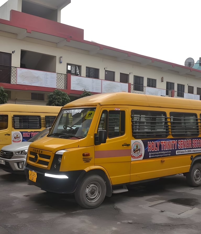 Yellow school buses parked at Holy Trinity Senior Secondary School campus building.