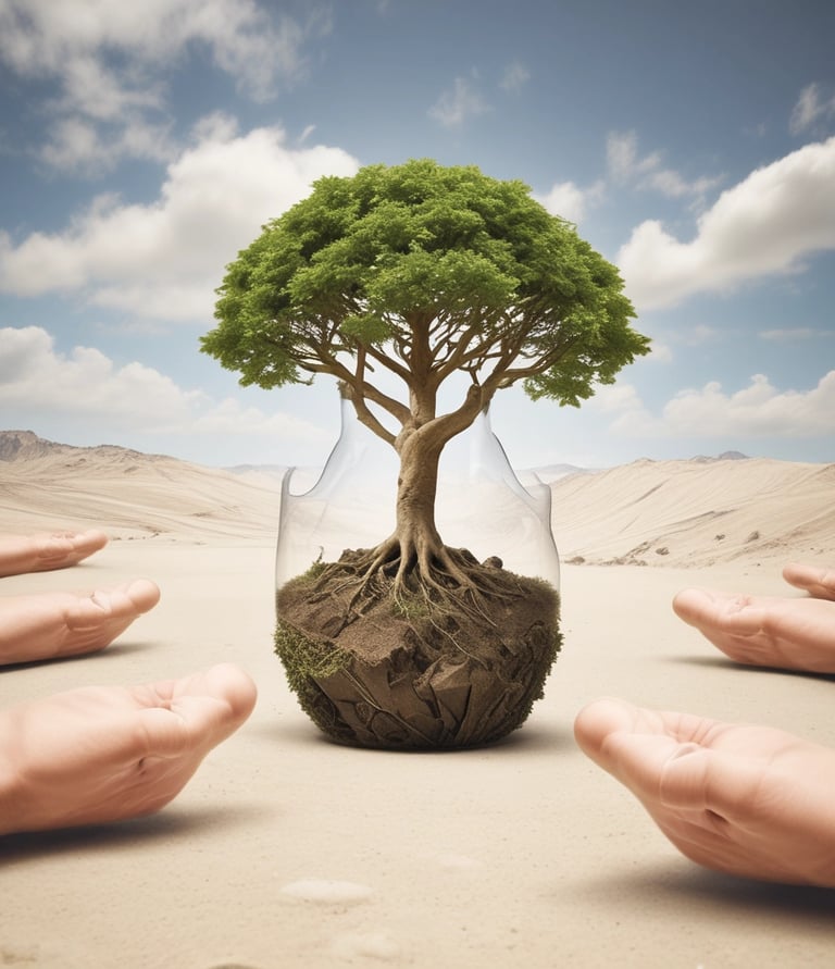 Close-up of hands holding recycled materials with a backdrop of green plants.