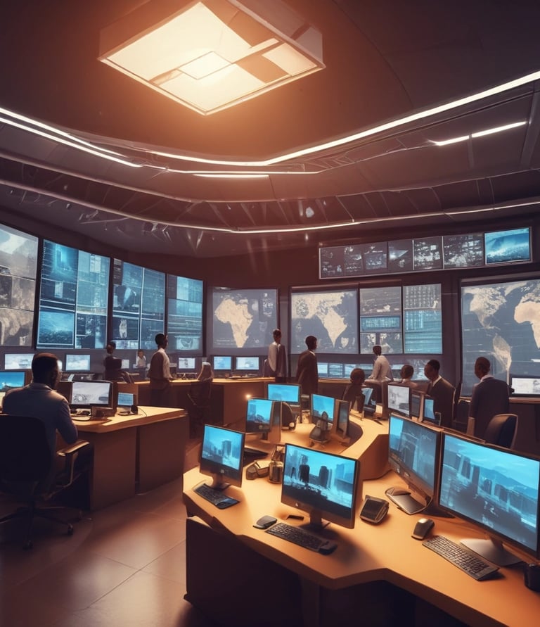 An illustration depicting government officials collaborating with technology tools.