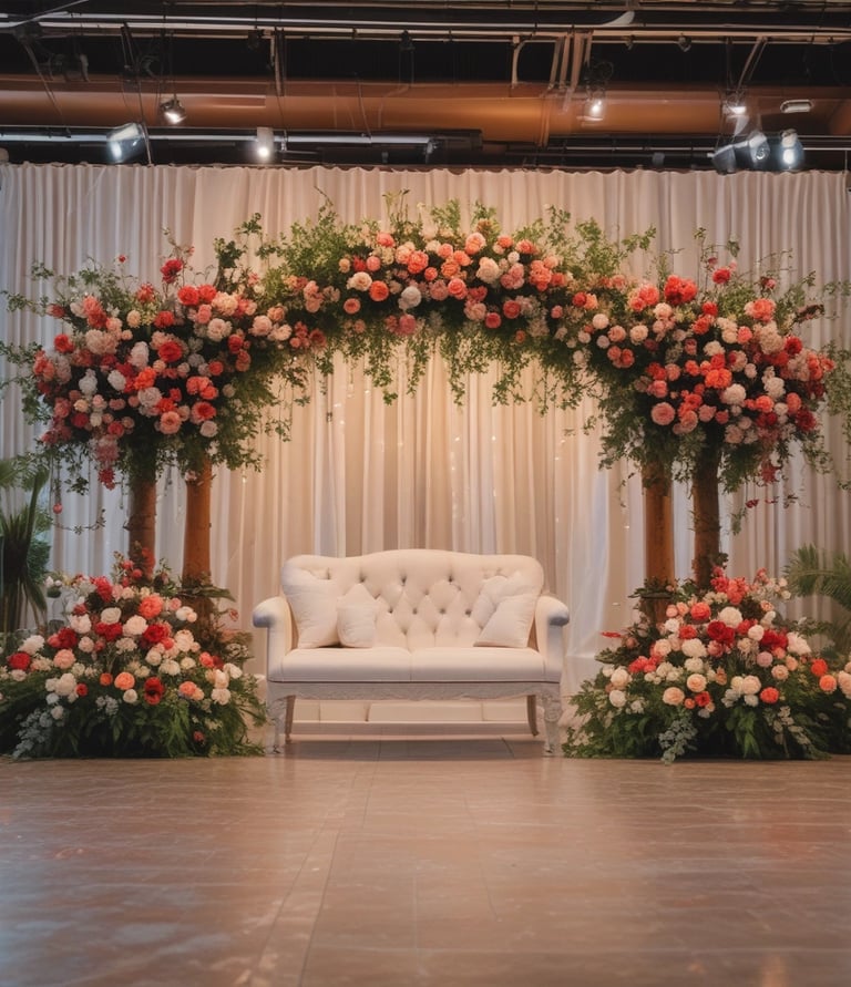 A joyful couple celebrating at their wedding reception surrounded by friends and family.