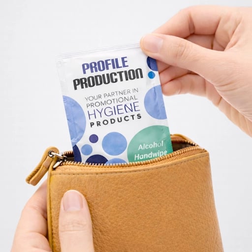 Individually packaged alcohol wipes for promotional and hygiene use.