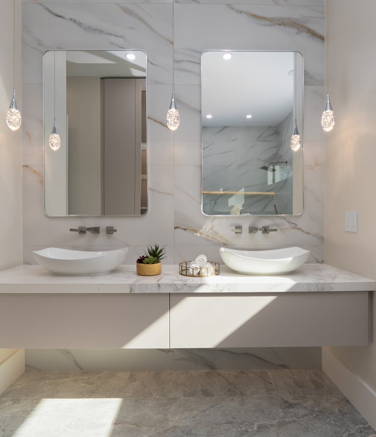 Spa-inspired primary bathroom in South Gate Sarasota new construction residence.