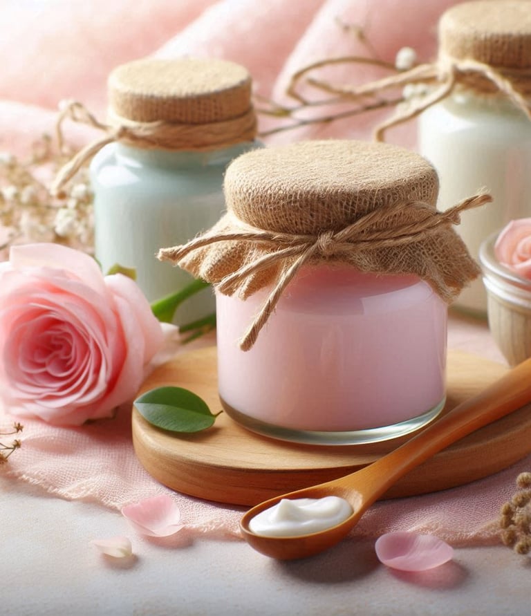 a table with jars of candles and flowers
