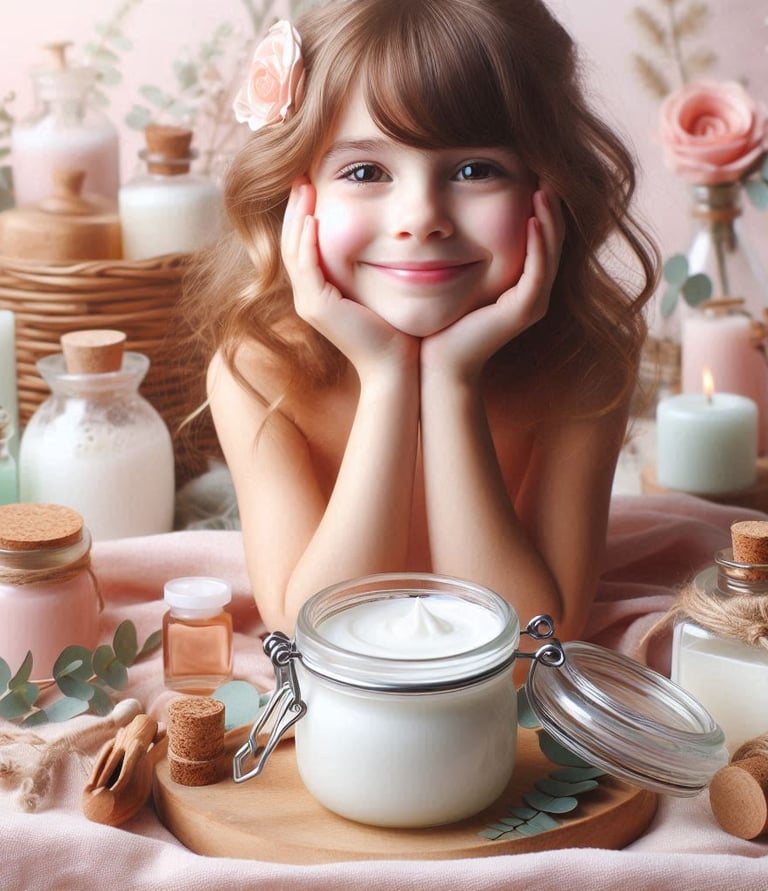 a little girl with a lot of beauty products