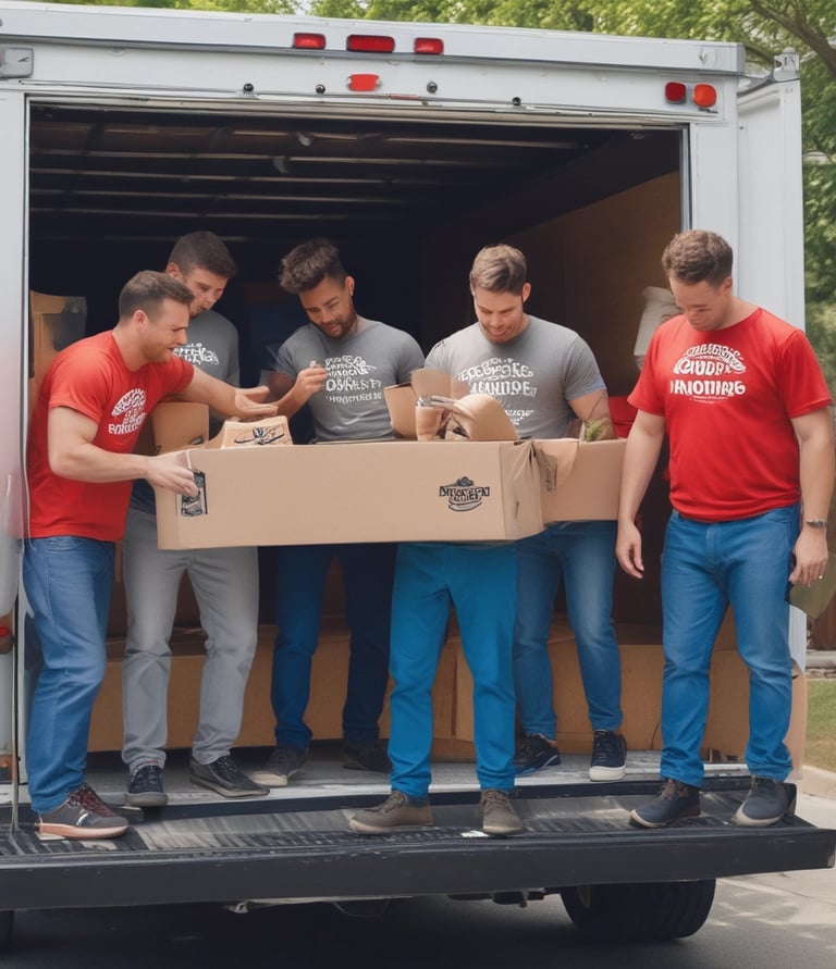 a group of men standing in a moving truck