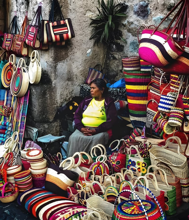 Mujer indígena artesana exhibiendo textiles y cestería tradicional mexicana hecha a mano