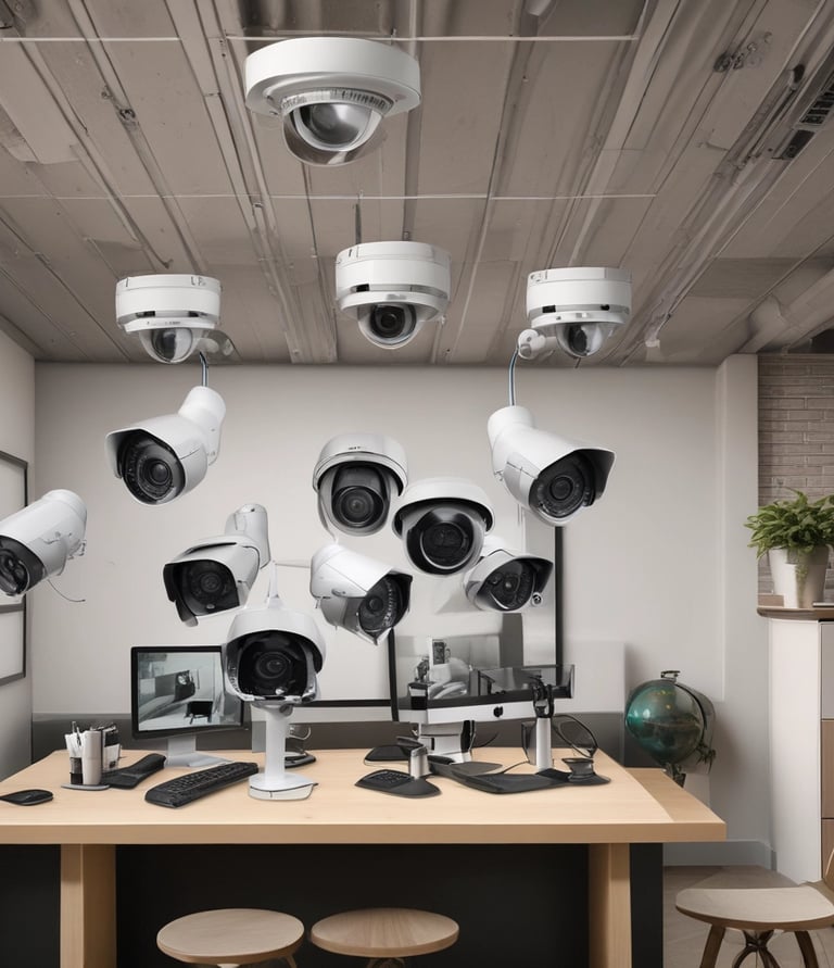 A worker in a safety harness is elevated on a green cherry picker, performing maintenance work on a large telecommunications tower equipped with multiple antennas against a light blue sky.