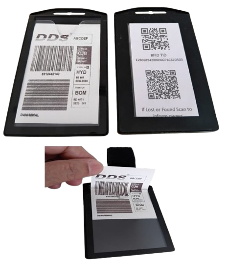 eBt electronic bag tag front and rear side. showing how to insert home printed  airline baggage tag