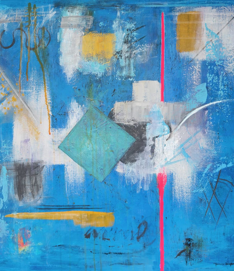 A blue painting with a teal square and pink line across the painting