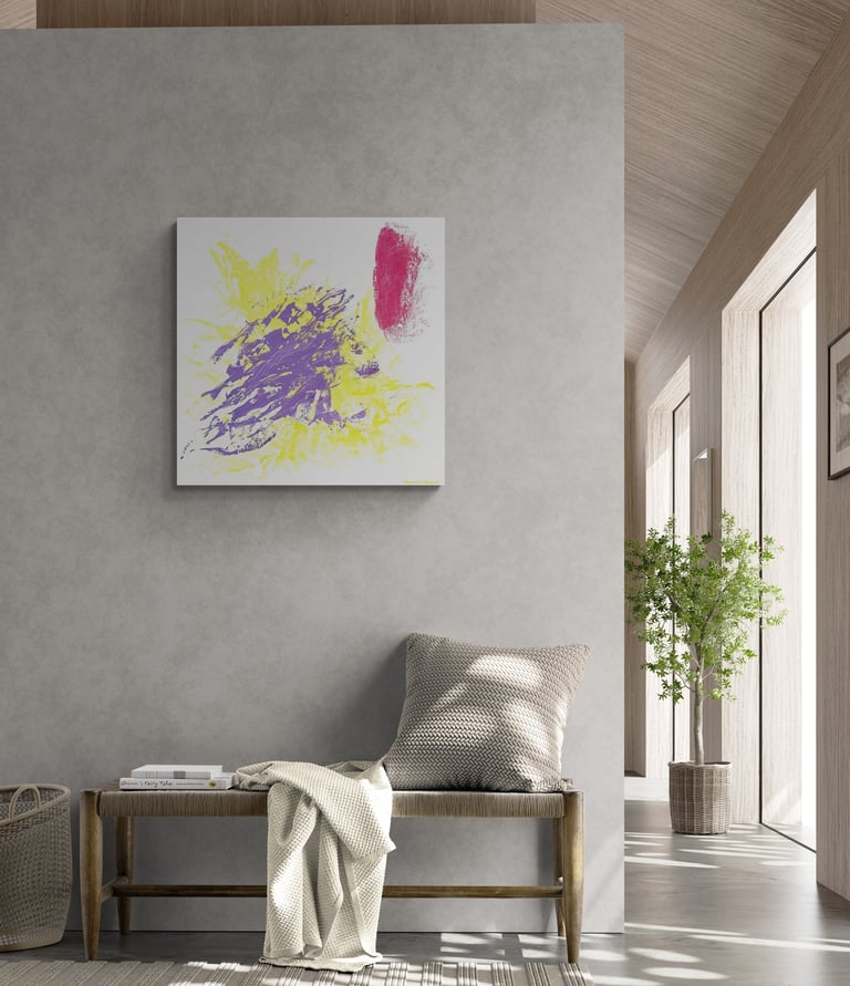 A picture of a yellow and violet painting above a boho bench