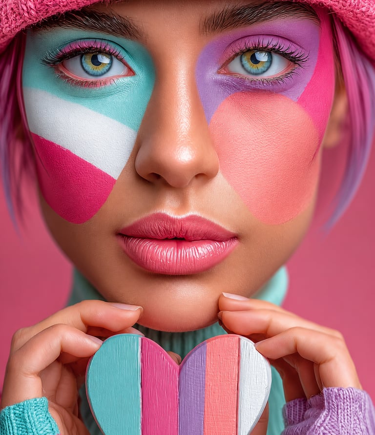 Portrait artistique au maquillage coloré tenant un cœur peint pastel, reflet de la sensibilité créative de M.I.U.