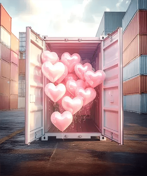 Container blanc ouvert libérant des ballons en forme de cœur rose, entouré de conteneurs colorés.