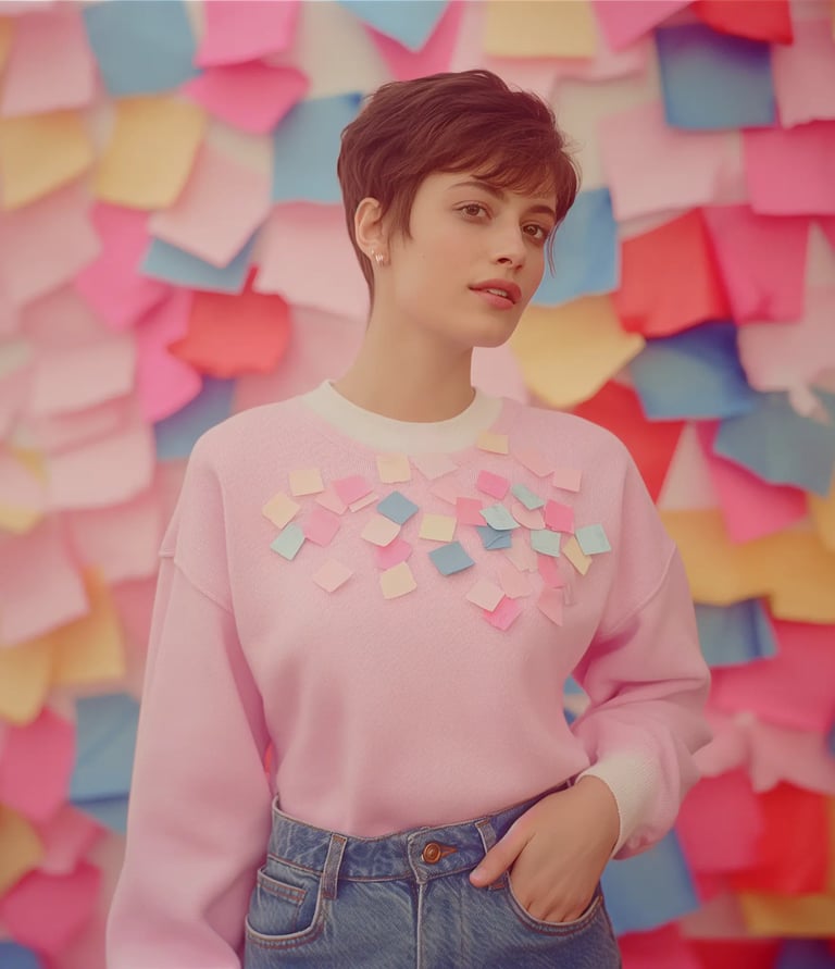 Femme en pull rose avec post-it colorés, posant devant un mur recouvert de notes multicolore.