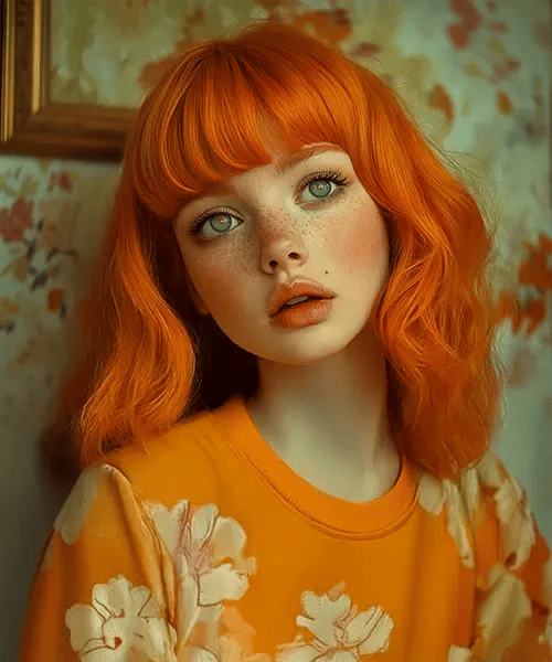 Jeune femme rousse aux taches de rousseur, regard pensif, vêtue d’un pull fleuri orangé.